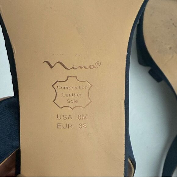 Nina Navy Blue Satin Asymmetrical Rhinestone Shoes Homecoming Sandals Heels Sz 8 - Picture 6 of 9